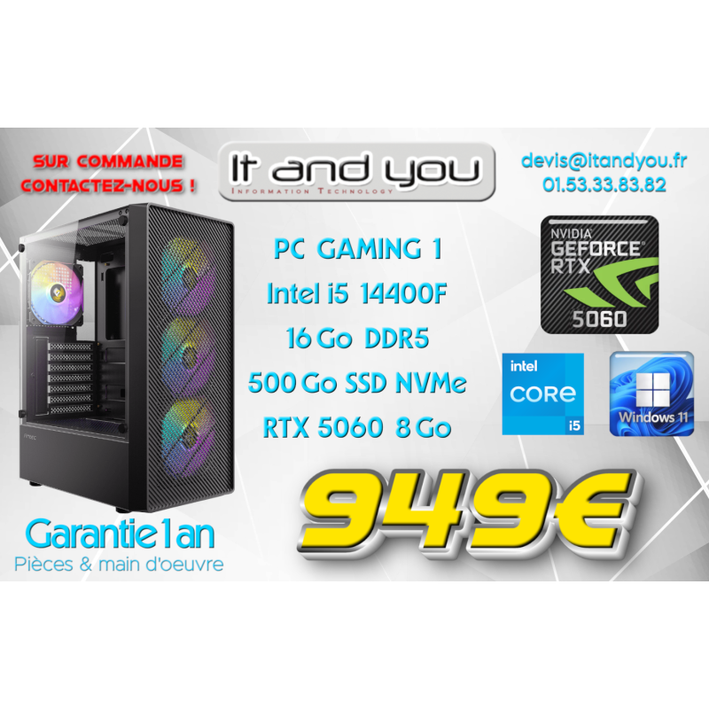 PC GAMING 1 - Intel i5 (14eme Gen) - 16 Go DDR5 - SSD 500 Go - RTX 5060 8Go