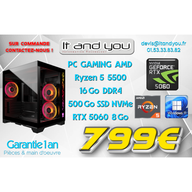 PC GAMING AMD - Ryzen 5 5500 - 16 Go DDR4 - SSD 500 Go - RTX 5060 8Go